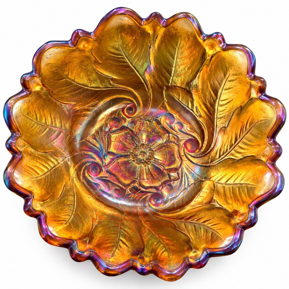 Antique Dugan/Diamond Cosmos Variant Marigold Carnival Glass Ruffled Bowl